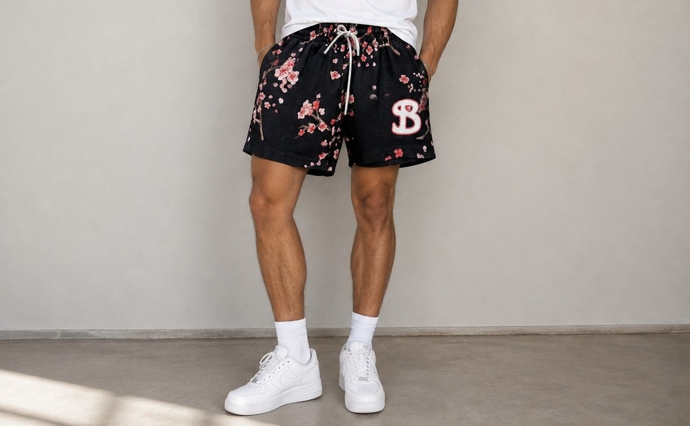 BKTSQD Cherry Blossom Mesh Shorts Black Pink Sakura Basketball Size Adult S